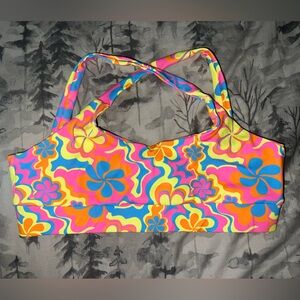 Kulani Kinis Active Cross Back Crop Top Lovey Dovey Groovy Neon Floral Large